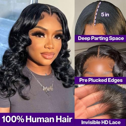 Body Wave BOB Wig Human Hair 5X5 HD Lace Closure Wavy Wigs for Black Women Glueless Wear And Go Wigs Human Hair Pre Plucked Wavy Wig 200 Density Virgin Hair 14 Inch Glueless Body Wave Bob