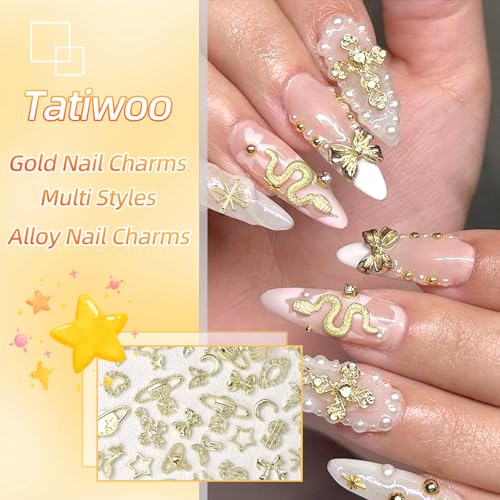 240 Pcs 3D Gold Nail Charms, Mixed Alloy Crown Bows Cross Nail Gold Charms, Golden Planet Star Metal Nail Art Charms Snake Charms for Acrylic Nails DIY Y2K Accessories