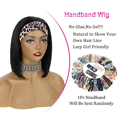 AISI Headband Wigs Human Hair Bob Headband Wigs for Black Women Easy Put On and Go Glueless Wig Short Straight Wigs Machine Made 150% Density No Lace Wig Natural Color(10 Inch)