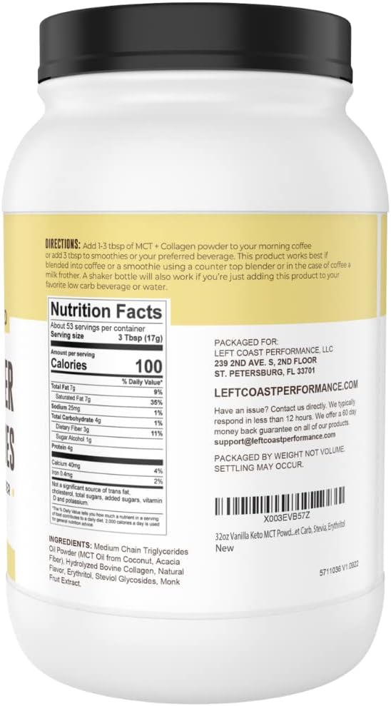 32oz Vanilla Keto MCT Powder + Collagen + Prebiotic Acacia Fibre. MCT Creamer. MCT Oil Powder from Coconuts. MCT Collagen Powder, Grass Fed, Perfect for Keto, 0 Net Carb, Stevia, Erythritol