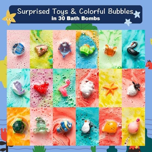 30 Kids Bath Bombs with Surprise Inside – Gift Set with 30 Unique Land & Sea Animal Toys, Fun, Educational, and Child-Safe Natural Bath Bombs with Toys, Great Gift for Kids’ Birthdays & Summer Fun