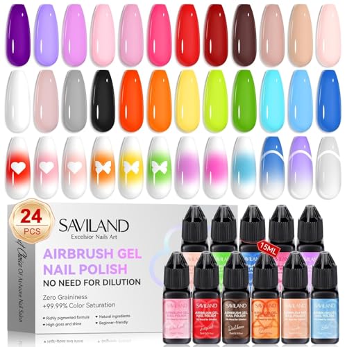 SAVILAND Airbrush Gel Nail Polish: Dilution-Free 24 Colors Airbrush for Nails Non-Acetone for Gradients Nails Blush Nails Layered Nail Art Various Pattern High Color Saturation for Home Salon Kit
