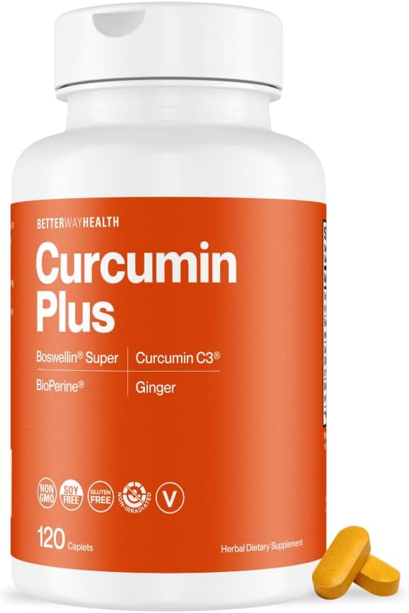 Better Way Health™ - Curcumin Plus - Turmeric Curcumin C3® Complex + Boswellin® Super, BioPerine®, and Ginger - Promotes Joint & Immune Health - 120 Caplets