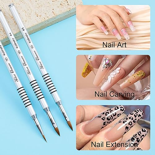 3Pcs 3D Nail Brushes Set Size 2 4 5, Kolinsky Hair Acrylic Flower Nail Art Brush, Art Design & Polish Mistake Cleaning Manicure Tools for Women Acrylic Application, Silver