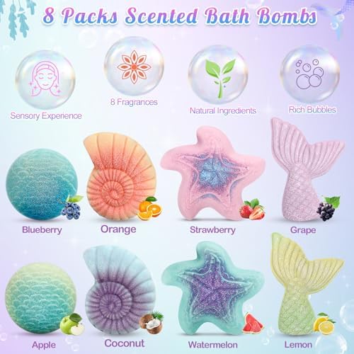 8 Packs Bath Bombs for Kids Girls, Mermaid Bath Bomb with Surprise Toys Inside, Princess Bubble Bath Toys for Kids Aged 4-8, Christmas Birthday Gifts for Girls 3 4 5 6 7 8