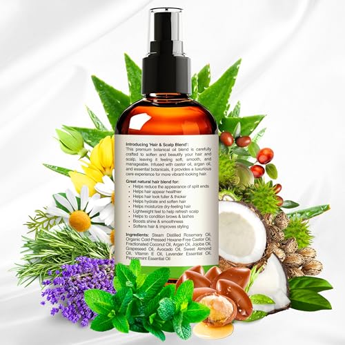 Organic Rosemary Oil For Hair Growth with Castor, Argan, Coconut, Almond, Jojoba, Avocado, Grapeseed, Vitamin E, Lavender & Peppermint for Hair & Scalp Treatment, All Hair Types, Men & Women 4oz