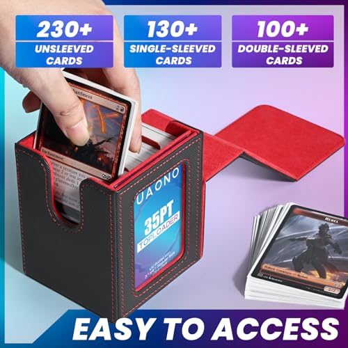 UAONO Card Deck Box with MTG Commander Display, Patented Design Card Deck Case Holds 100+ Double-Sleeved Cards, PU Leather Cards Storage Box for TCG with 2 Dividers, 1 Toploader (Grey&Red)