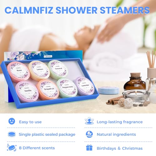Shower Steamers 8 Pack Set Shower Bombs Tablets in Blue Box with 8 Fragrances with Shea Butter for Self-Care & Relaxation, Idea for Women and Men