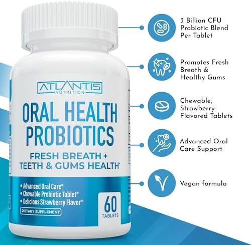 Atlantis Nutrition Oral Probiotics Chewable Tablet - Dental Probiotic for Gum Care & Teeth Care - Bad Breath Treatment for Adults - 3 Billion CFU Probiotic Blend - Strawberry Flavor - 60 Tablets