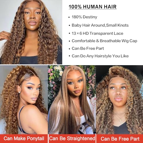 30inch Highlight Ombre Lace Front Wig Human Hair 13x6 HD Honey Blonde 4/27 Deep Wave Lace Front Wigs Human Hair 200 Density Glueless Wigs Human Hair Pre Plucked with Baby Hair