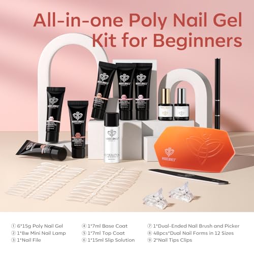 modelones Poly Gel Nail Kit 6 Colors with 8 W Nail Lamp Extension Gel Kit Jelly Milky White Pink Nude Complete Tools Beginner Thickening Solutions DIY at Home for Women