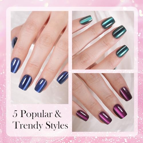 Vansiho 300Pcs Cat Eye Press on Nails, Glossy Glitter Cat Eye Designs Nail Tips for Women, Short Square Soft Gel Fake Nails, for Women and Girls Glossy Reusable Nail Tips in 15 Sizes