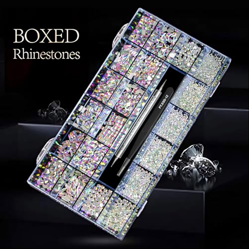 12 Types of 600 Crystal AB Diamonds + 2500 Flat Rhinestones Mix 20 Styles Flatback DIY Crafts Rhinestone Crystals 3D Ornament‌s Flat Back Stones Set + Tweezers + Drill Pen