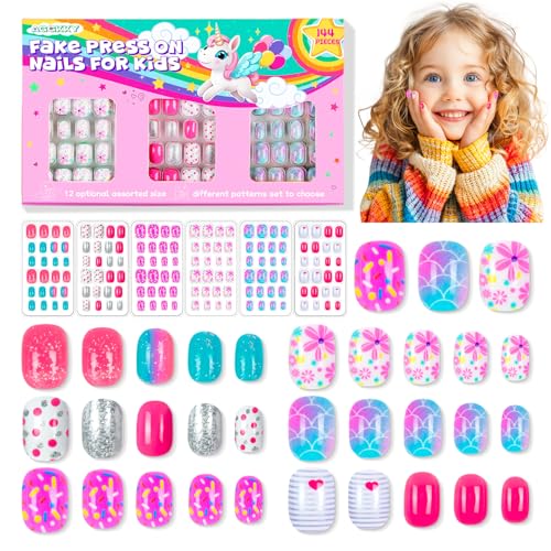 144 Pieces 6 Pack Kids Press on Nails Artificial Fake Nails for Kids Girls Pre Glue Full Cover Short Acrylic False Nail Tips Art Kits Gifts for Girls Nail Art Decoration (Gradient Pattern)
