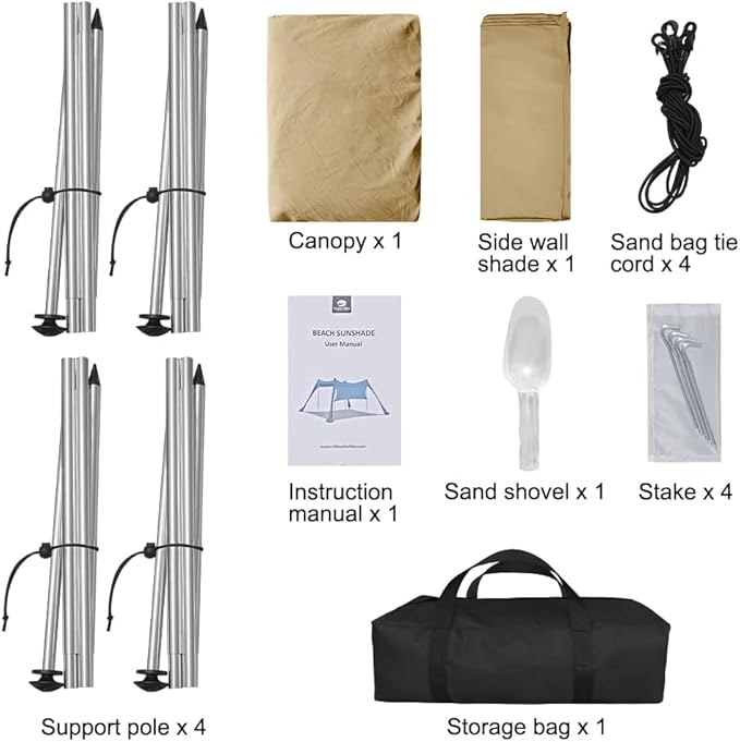 Beach Canopy Tent Shade with Sidewalls 10x10FT, 6.6FT Tall, UPF50+ Sun Shelter, Windproof & Water Resistant, Includes Guylines Sand Shovel Stability Poles, Easy Up for Beach Outdoor Camping Backyard