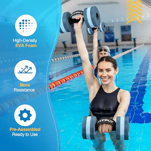 Fitply Water Weights Aquatic Pool Dumbbells for Pool & Water Exercise - EVA Foam Pool Weights, 2PCS Lightweight Water Dumbbells, Swim Weights and Water Aerobics Weight Loss Pool Exercise Equipment