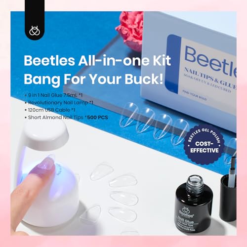 Beetles Gel Nail Kit 504Pcs Short Almond Gel Nail Tips with 9 in 1 Nail Glue Nail Extension Set Uv Led Lamp Acrylic False Tips Kit DIY Nails Art Gifts for Women