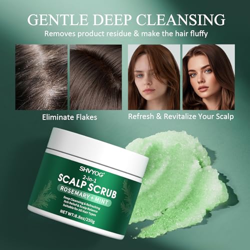 SHVYOG Scalp & Body Scrub, Rosemary Exfoliator Scrub Shampoo with Peppermint & Sea Salt, Anti-Dandruff Detox Clarifying Exfoliator for Build Up, Itchy Scalp, Oily & Dry Hair with Scalp Massager