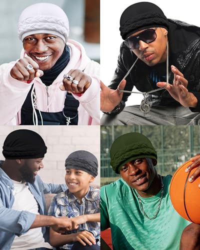 Babalet Halo Turban for Men Women Satin Lined Durag Skull Cap Pre-Tied Handmade Braids Tail Beanie Sleeping Bonnet,Black/White,2PCS