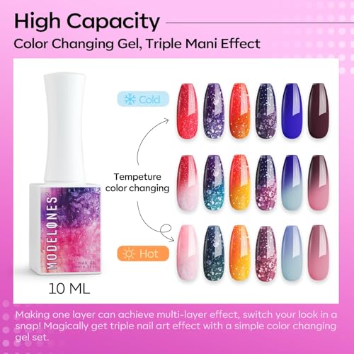 modelones Color Changing Gel Nail Polish, 6 Colors Orange Blue Purple Pink Neon Mood Temperature Change Gel Polish Set Soak Off DIY Home Nail Art Gift