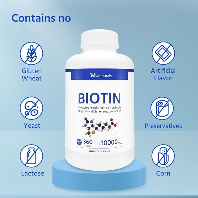 Biotin 10000 mcg 360 Capsules. Supports Healthy Hair, Skin, Nails, and Energy Production.