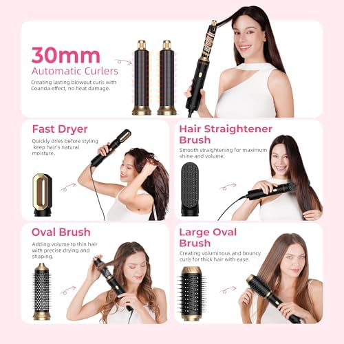 6 in 1 Blow Dryer Brush & Hot Air Brush, Negative Ion Hair Styler Set, 1000W Hot Air Styler for Auto Curling, Fast Drying, Straightening, Volumizing, Hair Styling Tools Gift for Women