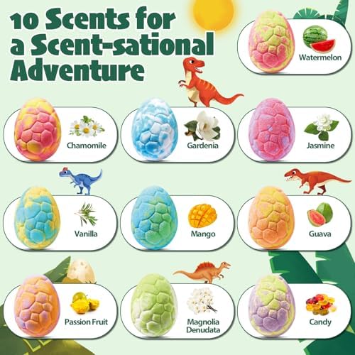 Dinosaur Bath Bombs for Kids with Surprise Inside, 10 Pack Natural Dino Eggs with Exclusive Carnivorous Dinosaur Toys, Fizzing Fun Gifts for Boys Girls, Dinosaur Toys for Kids Ages 3-9