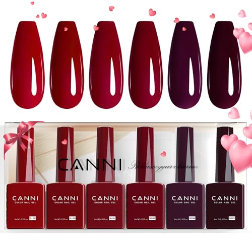 CANNI 6 Colors 9 ML Hema-Free Dark Red Gel Polish Set, Deep Cherry Red Burgundy Gel Nail Polish Blood Wine Red Color Kit, Soak Off LED Nail Gel Manicure Kit DIY at Home Salon Gifts