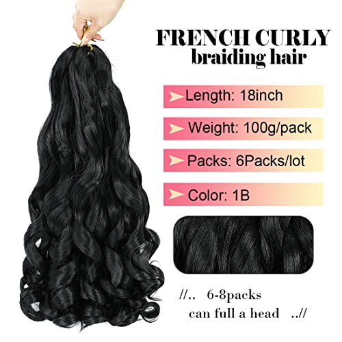 6 Packs French Curl Braiding Hair 18 Inch Loose Wave Bouncy Braiding Hair Pre Stretched 100g/pack Yaki Curly Crochet hair for Black Women Hair Extensions (1B)