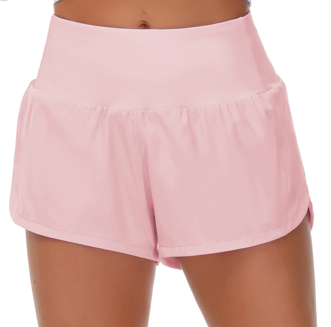 THE GYM PEOPLE Womens High Waisted Running Shorts Quick Dry Athletic Workout Shorts with Mesh Liner Zipper Pockets (Pink, X-Small)