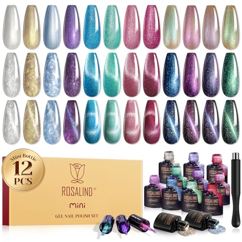 ROSALIND Cat Eye Gel Nail Polish Set with Magnet, 12 PCS Holographic Glitter Purple Blue Red Gel Polish Magnetic and Swirl Shell Thread Effect Sparkle Gel Polish Gifts for Women