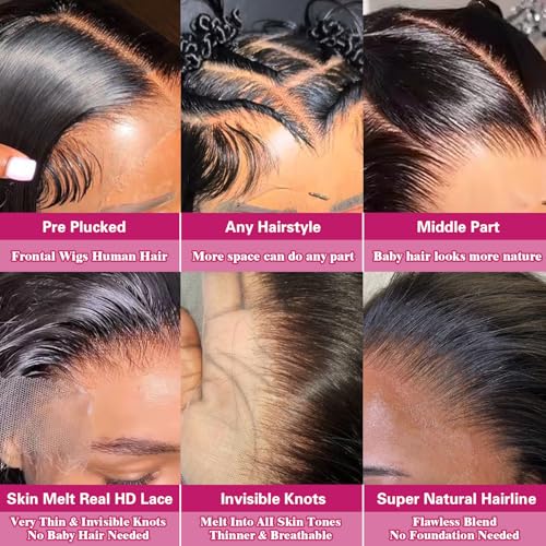 30 Inch Body Wave 13x6 HD Lace Front Wigs Human Hair 200 Density 12A 100% Virgin Frontal Wigs Human Hair 13x6 Body Wave Glueless Wig for Women Pre Plucked Bleached Knots with Baby Hair Natural Black