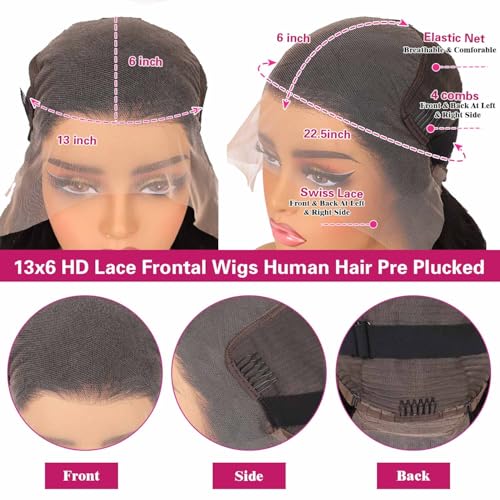 30 Inch Body Wave 13x6 HD Lace Front Wigs Human Hair 200 Density 12A 100% Virgin Frontal Wigs Human Hair 13x6 Body Wave Glueless Wig for Women Pre Plucked Bleached Knots with Baby Hair Natural Black