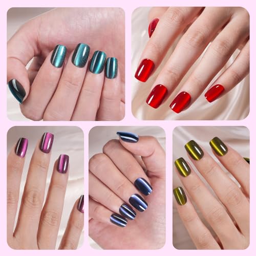 300Pcs Cat Eye Press on Nails Short Square, Plauva Soft Gel Fake Nails, Glossy Glitter Cat Eye Nail Tips for Women and Girls Stick On Nails in 15 Sizes