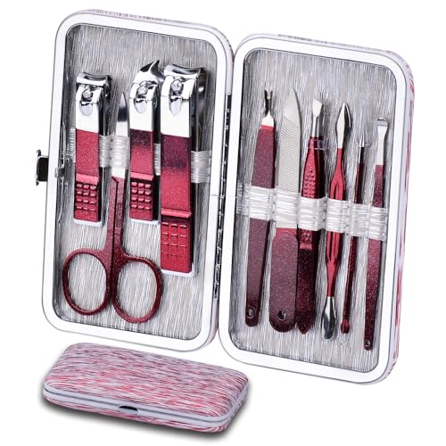 Manicure Set 10 in 1 Stainless Steel, Nail Clippers Scissors Pedicure Tools Kit - Portable Travel Grooming Kit for Men and Women with Leather Case (Rose Red)