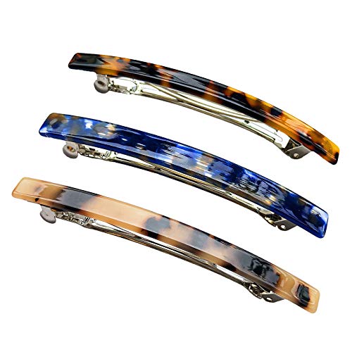 Long French Barrettes for Women Simple Classic Acrylic Resin Hair Clips Tortoise Shell Skinny Large 4 inch No-slip Grip Automatic Clasp Clamp For Thick Hair, 3 Pack