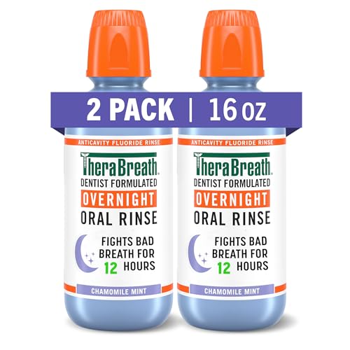 TheraBreath Overnight Mouthwash, Fights Bad Breath for 12 Hours, Chamomile Mint Flavor, Dentist Formulated, Fluoride Rinse, Alcohol Free, 16 fl oz (Pack of 2)
