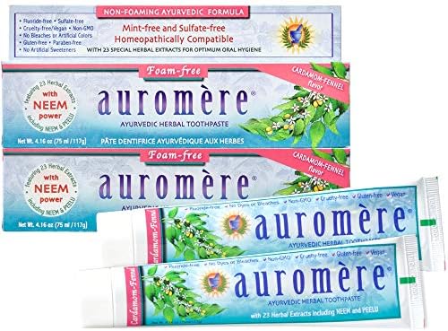 Auromere Ayurvedic Herbal Toothpaste, Cardamom Fennel, Foam Free - Vegan, Natural, Non GMO, SLS Free, Fluoride Free, Gluten Free, with Neem & Peelu (4.16 oz), 2 Pack