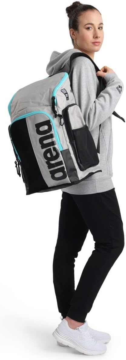 Arena Spiky III Backpack 45 Swimming Athlete Sports Gym Rucksack Large Training Gear Equipment Swim Bag for Men and Women, 45 Liters, Ice/Blue Sky