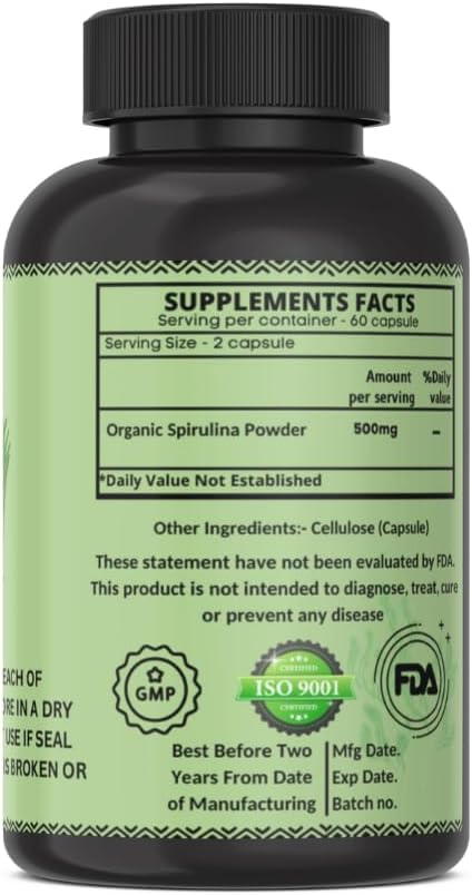 Organic Spirulina Protein Powder Capsules - Vitamins & Minerals for Energy - Vegetarian, Gluten Free 100% Pure Superfood for Optimal Health (20 Capsules)