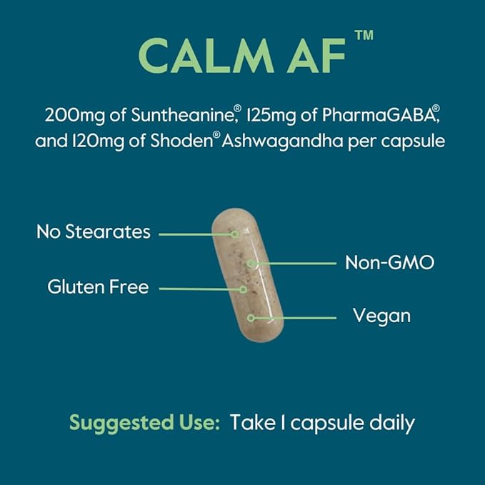 Calm AF (Advanced Formula) (60 Veggie Caps) - Clinically Studied Shoden Ashwagandha, Suntheanine L Theanine, PharmaGABA - No Stearates - Vegan - Non GMO - Gluten Free - Ashwagandha & GABA Supplements
