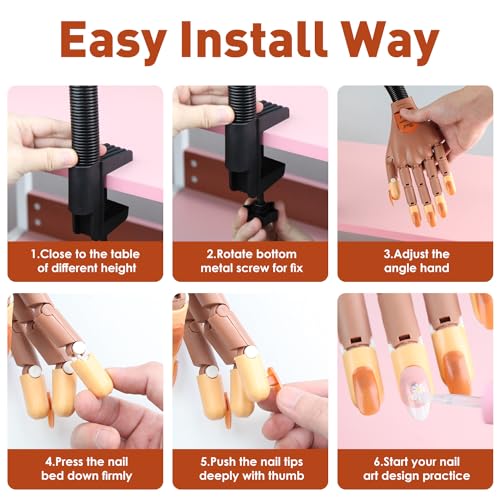 Acrylic Nails Flexible Practice Fake Hand, BORNBYME Nail Training Adjustable Finger Kits, Fake Nails Hands for Nail Beginner Practice with 200 PCS Nail Tips