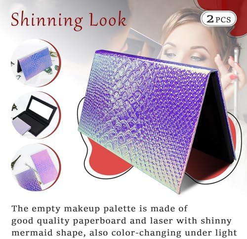 2 Packs Magnetic Makeup Palette Empty - Large Mermaid Palette with Mirror - Magnetic Palette for Storage & Travel