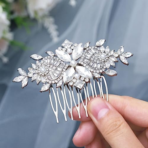 Foyte Crystal Bride Wedding Hair Comb Silver Flower Bridal Headpieces Leaf Hair Pieces Rhinestone Bridesmaid Side Combs Hair Accessories for Women (silver crystal)