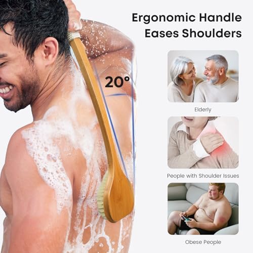 Bamboo Back Scrubber with Curved Long Handle, 17.3 Inches Exfoliating Shower Brush with Stiff Bristles for Men and Women, Back Washer Body Exfoliator for Bath or Dry Brushing
