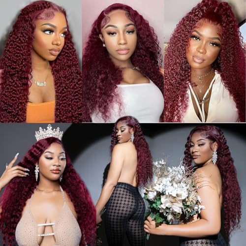 99j Burgundy Lace Front Wigs Human Hair 28 Inch Deep Wave Lace Front Wigs Human Hair Pre Plucked Red Curly Human Hair Wig 13x4 HD Colored Frontal Glueless Wet and Wavy Loose Deep Wave