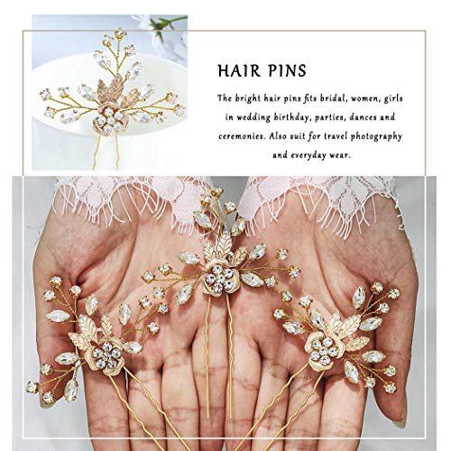 Jeweky Bride Wedding Crystal Hair Pins Clips Bridal Hair Pieces Flowers Hair Accessories Jewelry for Women and Girls (Pack of 3) (Gold)