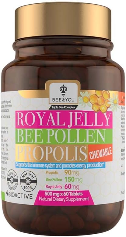 BEE and You Royal Jelly + Propolis + Bee Pollen Chewable Tablets - High Potency - No Artificial Flavor/Preservatives - No Added Sugar- No Soy/Milk/Gelatin/GMO/Gluten, 500 mg x 60 Tablets