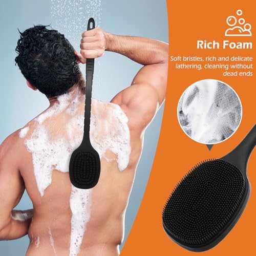 VWMYQ Back Scrubber for Shower, New Update Double Sided Body Scrub Brush Long Handle with Soft Silicone Bristles and Stiff Nylon Bristles for Shower Exfoliating and Massage Can Produce More Rich Foam