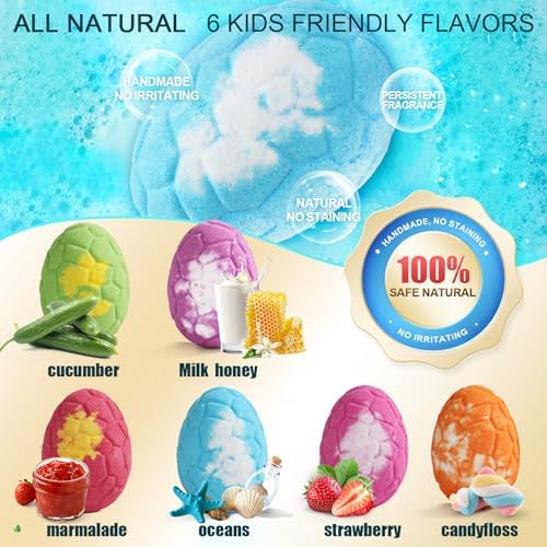 Bath Bombs for Kids with Surprise Inside, 6 Pack Dinosaur Bath Bombs Gift Set, Organic Bubble Bath Fizzies with Dinosaur Egg Toys & Dino Themed Mat, Birthday Gifts for Kids Boys, Girls 3-12